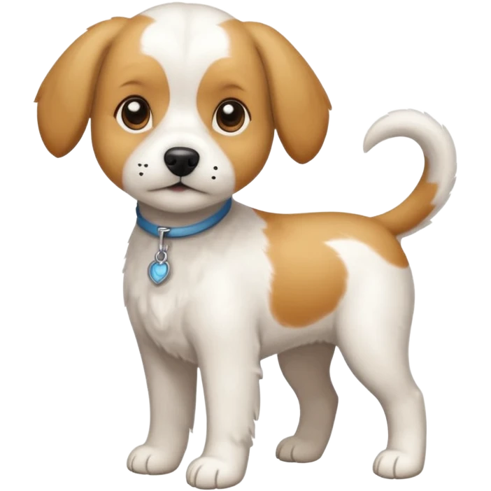 a full body white beagle x maltese x chi dog the size of a kelpie with light brown ears and a light brown patch on one eye emoji