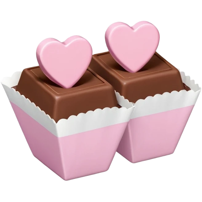 Two square milk chocolate , Each praline is a sharp-edged cube with smooth glossy chocolate coating, placed in a small white fluted paper candy cup. On top of each cube is a flat pastel pink heart-shaped icing emoji