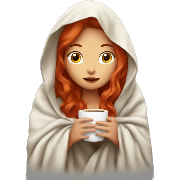 girl inside a blanket sipping coffee eyes closed with red hair emoji
