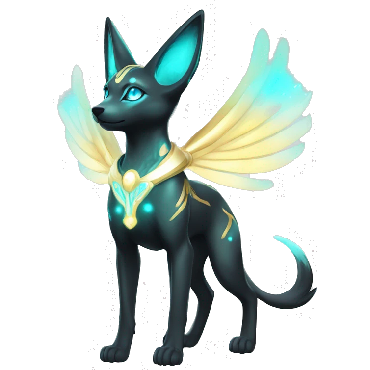 Shiny White Angelic Godly Ethereal Majestic Electric Albino Umbreon. cyan eyes and cyan markings. Golden Anubis-rings. full body emoji
