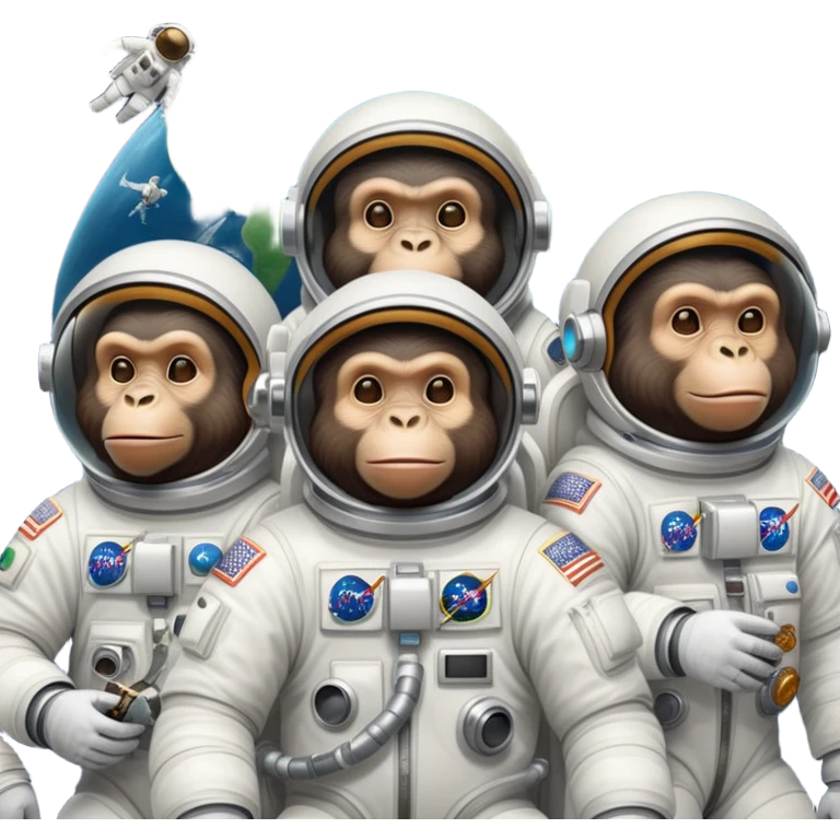 group of apes in astronaut suits, floating in space, smoking weed emoji