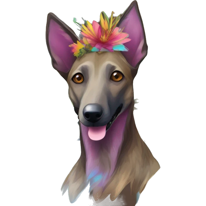  brindle brown black maroon gold lurcher Alsatian fox running blue eyes and iridescent holographic oilslick harness wearing paper iridescent tropical flower crown yellow caution tape emoji
