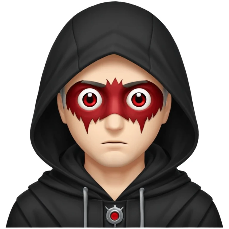 Un homme avec une capuche qui cashe 1 de c yeux et l'autre de c'est yeux et un sharingan emoji