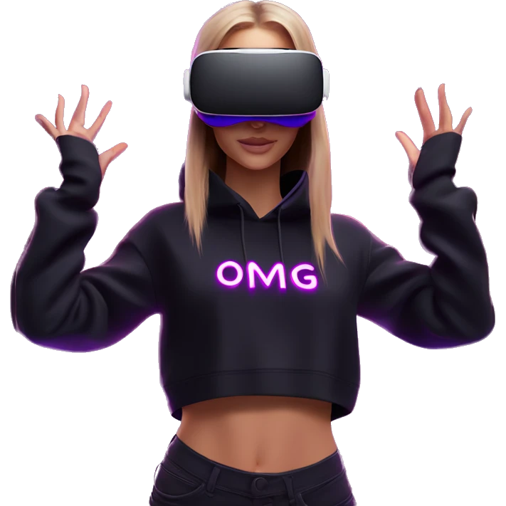 Russian girl wearing black hoody with violet letters "OMG", in vr headset oculus quest2. Dancing. Cyberpunk style. Violet neon. emoji