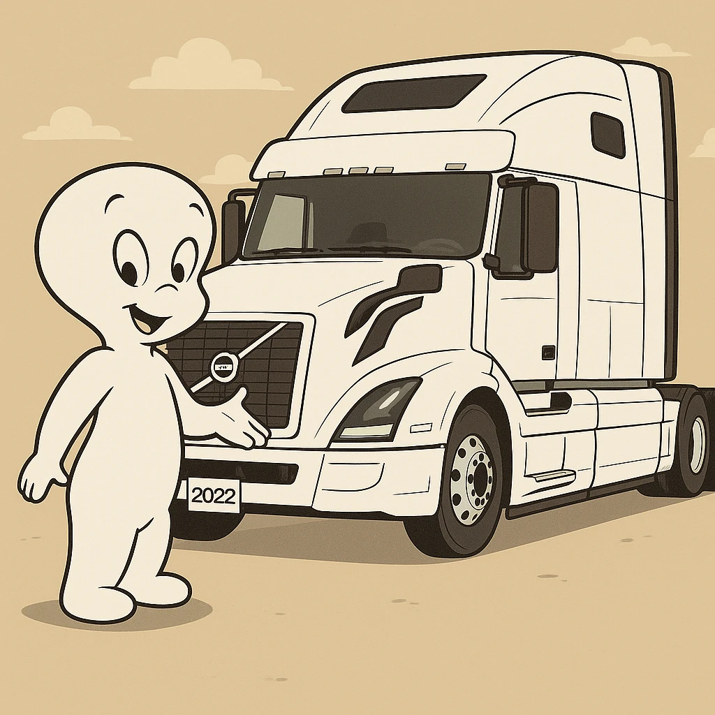 Change the semi truck to white, keep Casper the friendly ghost in cartoon style. emoji