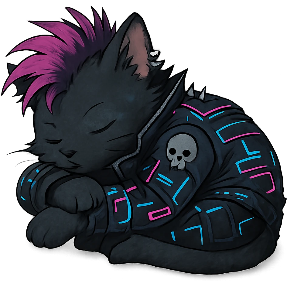  a cat laying down his head to nap, punk gothic style, futuristic cyberwave cyberpunk, sitting position emoji