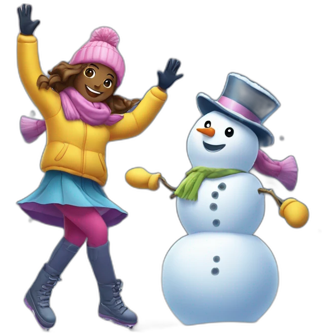 Two girls dancing on the snow and snowman is beside them emoji