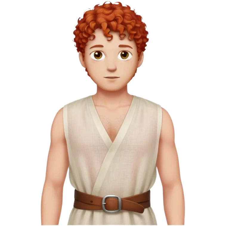 medieval summer outfit worn by a DnD themed fantasy male character. sheer sleeveless linen tunic with a simple neckline and a fabric belt. clothes only above the waist. The clothes full waist. The character's haven't arms. character is white-skinned, red hair, hazel eyes, short curly hair. emoji