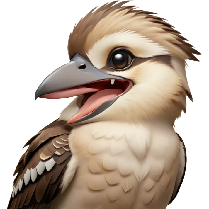 Cinematic Cute Yawning Kookaburra Portrait Emoji, Head tilted slightly with a dramatic, wide-open yawn, showcasing a soft, downy brown plumage with gently drooping wings and a relaxed beak, round eyes barely open in drowsy contentment, Simplified yet irresistibly adorable features, highly detailed, glowing with a soft, cozy glow, high shine, relaxed yet expressive, stylized with a touch of bushland charm, bright and endearing, soft glowing outline, capturing the essence of a sleepy yet affectionate kookaburra, so drowsy it feels like it could flutter out of the screen and curl up for a nap! emoji