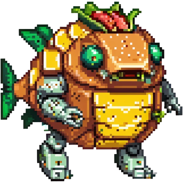 a cyborg robotic salmon who's torso is made from a filled crunchy taco, with lettuce salsa meat and cheese. he is fish taco bot man his face and head, tail, and fins are metallic robotic construction, he has a slit visor across his face where his eyes should be like cyclops emoji