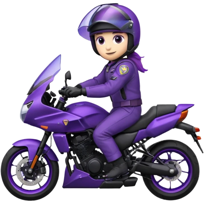 Créer un emoji avec une moto mt07 sport noir mate / violet iridescent très foncé, pare-brise de la moto violet. Avec une pilote dessus visière violet sombre visage caché . Avec fond arrière violet en arrière plan. emoji