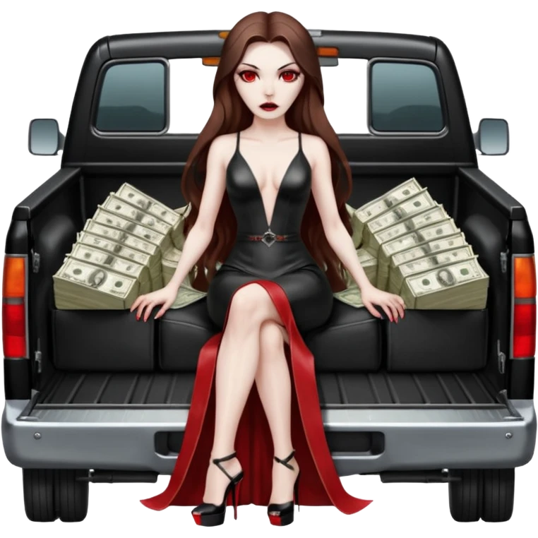Lilith symbol red eye seductress evil long brown haired sexy succubus woman with leather long dress with slit on, sitting in Big Large F350 pickup truck. Platform long high heels on feet. Back seat full of stacks of cash, she is  Holding a human skull of her enemies and a gun in other hand emoji