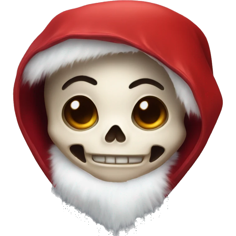 Cute, happy little skull wearing a red velvet hood with white fur trim. emoji