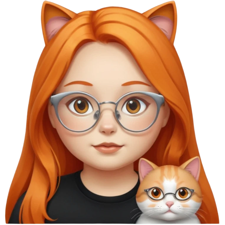girl with chubby cheeks, very long orange hair, and silver cat-eye glasses. Black clothes. Without cat or cat ears emoji
