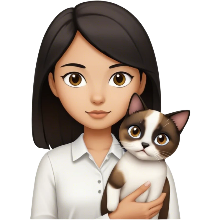 A girl with medium brown to black hair wearing a white shirt and holding a Siamese cat   emoji
