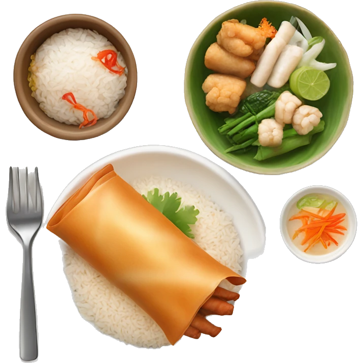 thai food mix with spring rolls and chicken vegetable and boil of rice emoji
