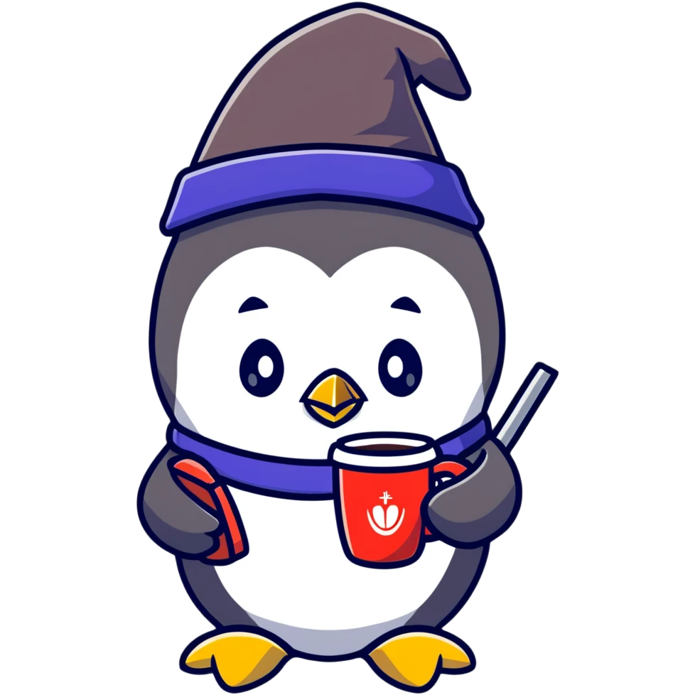 Penguin wizard drinking coffee while using iPhone emoji
