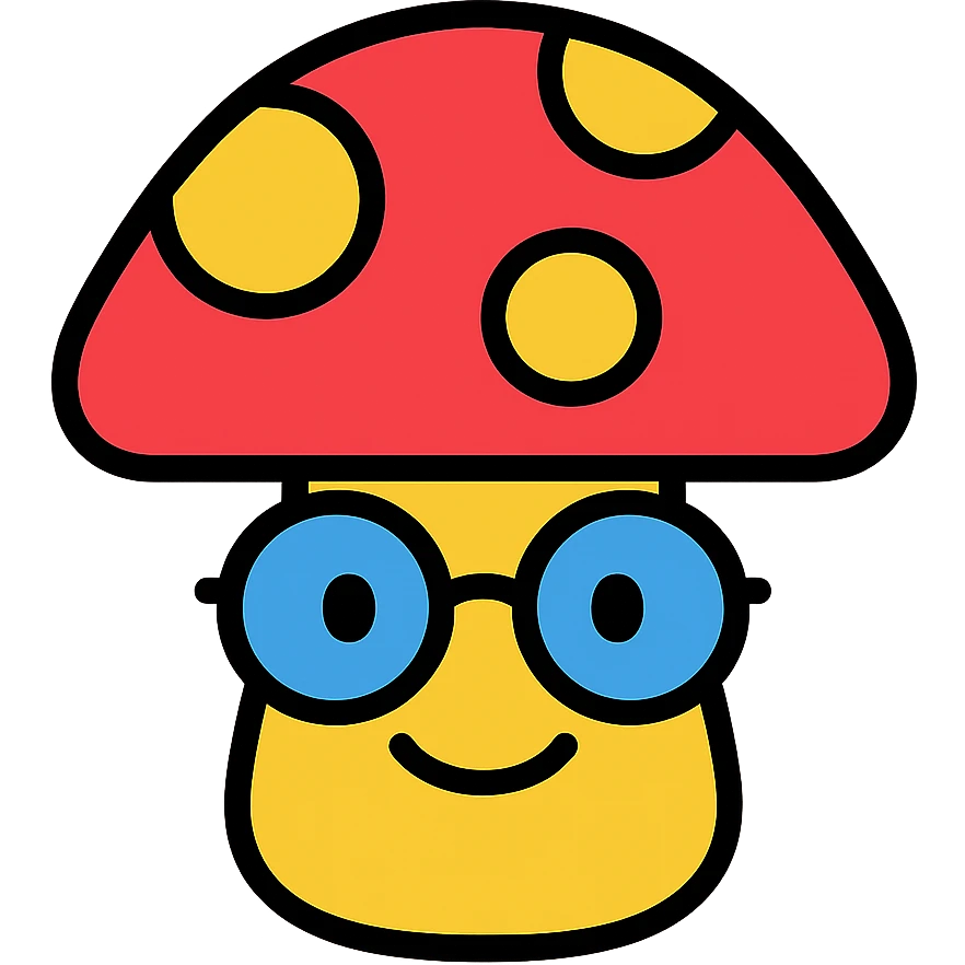 colorful icon of a mushroom with glasses and a smile emoji