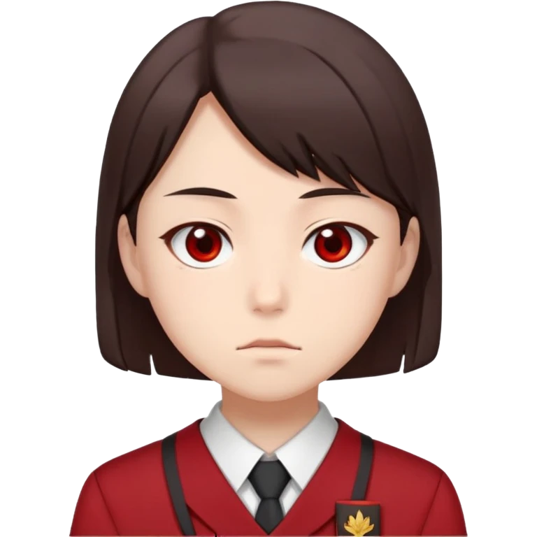 Ayanokoji with cold, expressionless face, sharp brown eyes, dark brown hair, red school uniform, serious vibe emoji