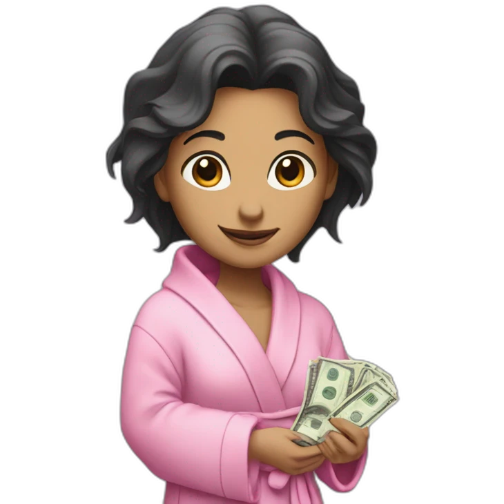 a rat female with a pink bathrobe and black hairs, holding a bunch of money emoji