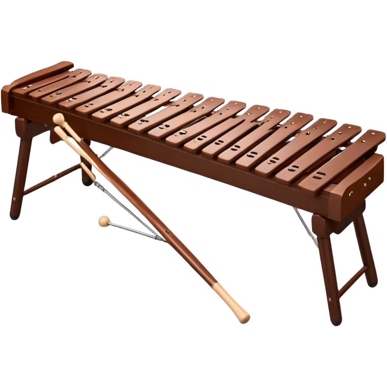 Create a detailed and professional emoji representing a Fleet FLT-SX37 orchestral long wooden xylophone. The design should showcase the large, wooden bars of the xylophone arranged in a traditional layout, with a polished, smooth finish. The bars should be dark brown or mahogany, with soft metallic reflections on the resonators underneath. Include two mallets with rubber or wooden heads resting on the bars, emphasizing their role in striking the notes. The xylophone should have a sophisticated and professional appearance, with clean lines and a polished look. Add subtle musical notes or sound waves to represent the vibrant sound produced by the instrument. The background should be transparent. emoji