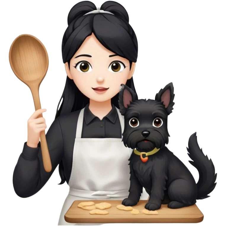 pale girl with long black hair wearing black long sleeve tshirt wearing apron and baking holding black floppy ear schnauzer no tail emoji