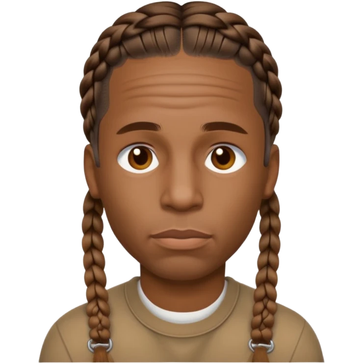 Create an iOS-style emoji of Travis Scott. Neutral facial expression, front-facing head only. Braided hair. Clean Apple emoji style, smooth shading, simple shapes, plain background. emoji