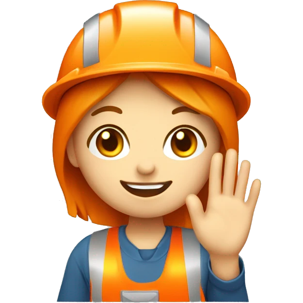 a female construction worker with pale skin, an orange helmet, with a happy face and her hand is waving emoji