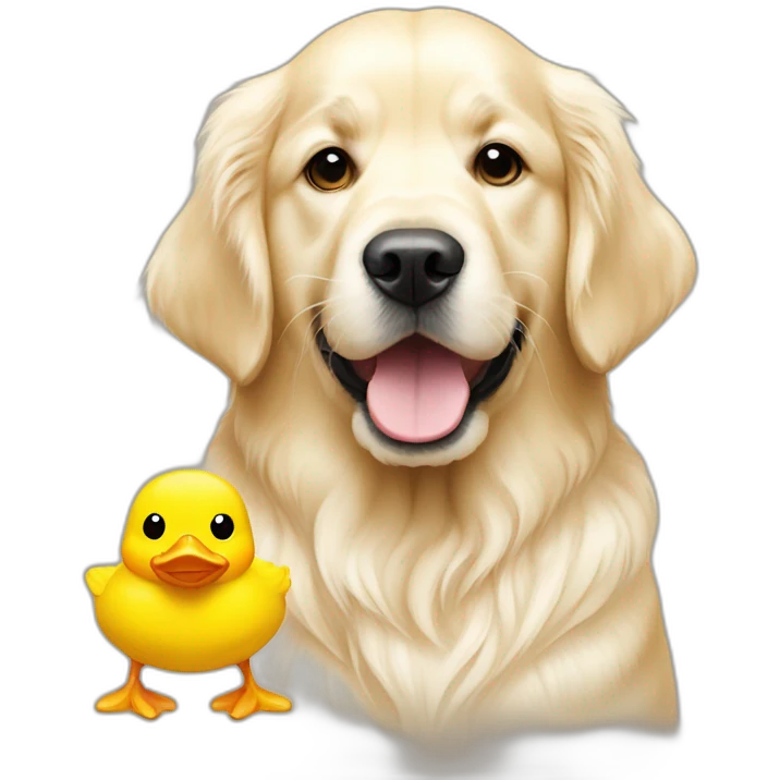 English cream golden retriever with small yellow duck toy emoji