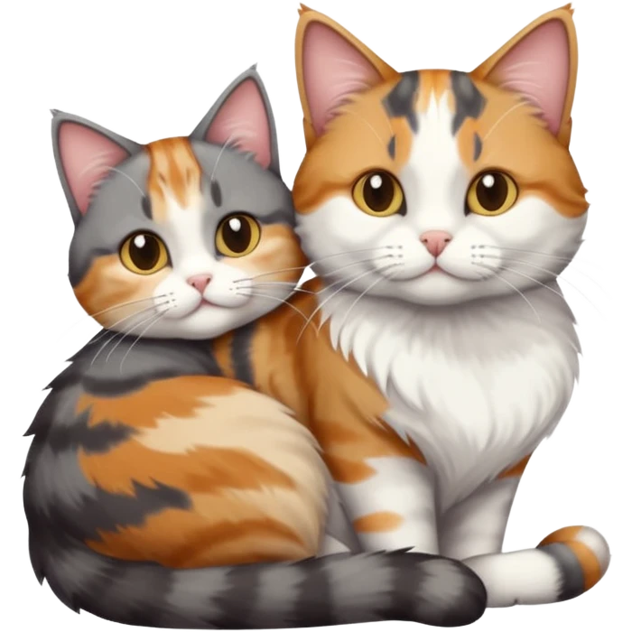 full body colourful light patched calico + white tabby cat cuddling a large dark grey and white tabby cat  emoji