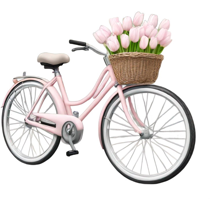 realistic light pink bicycle with basket of white tulips at front emoji