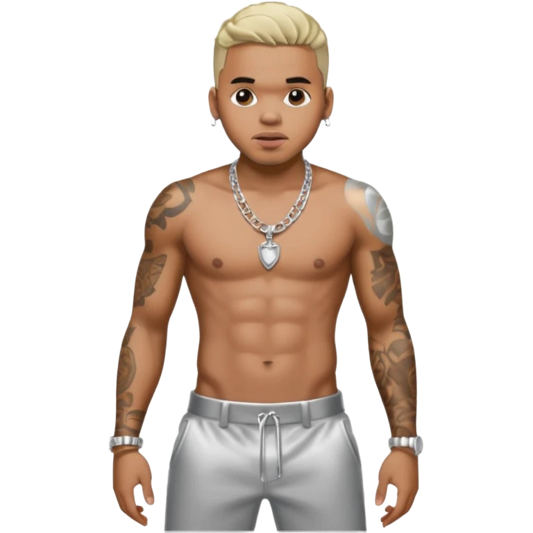 Chris Brown with silver pants, shirtless with necklace emoji