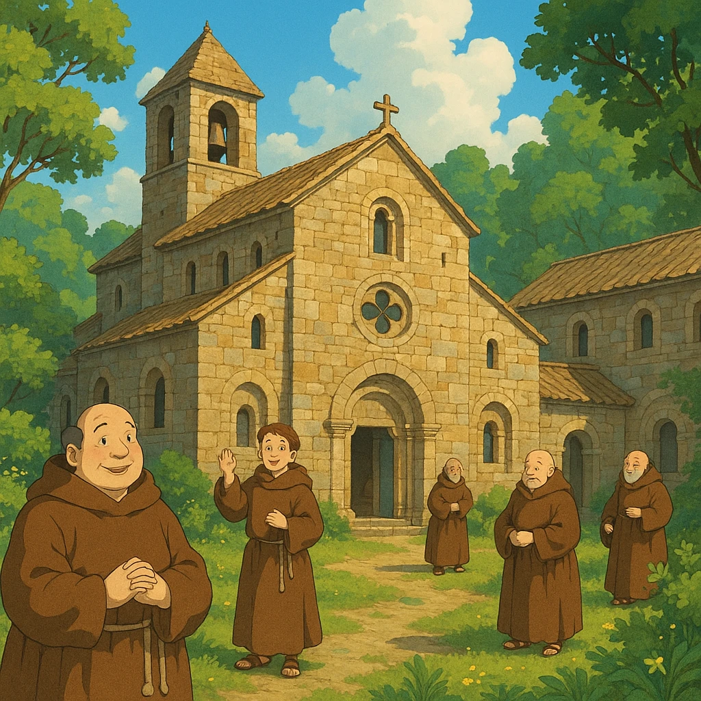 medieval monastery, ghibli style, stone monastery, friendly monks, surrounding nature, cozy atmosphere emoji