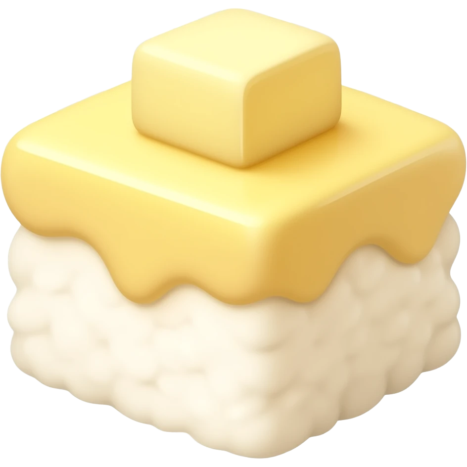 cute butter rice cake dessert emoji, soft yellow butter rice cake cube with a small piece of butter melting on top, pastel colors, kawaii dessert style, simple emoji design, glossy highlight, sticker style, transparent background emoji