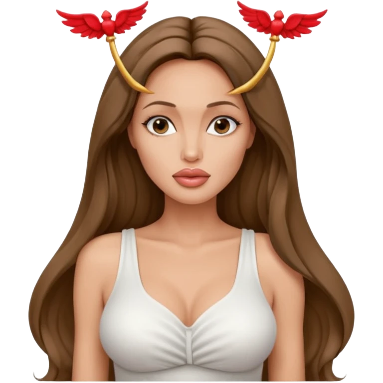 Angelina jolie , fashion model Beautiful woman model adult   large breasts  with close set eyes tan skin, full cupids bow shaped  lips  long hair model white tank top emoji