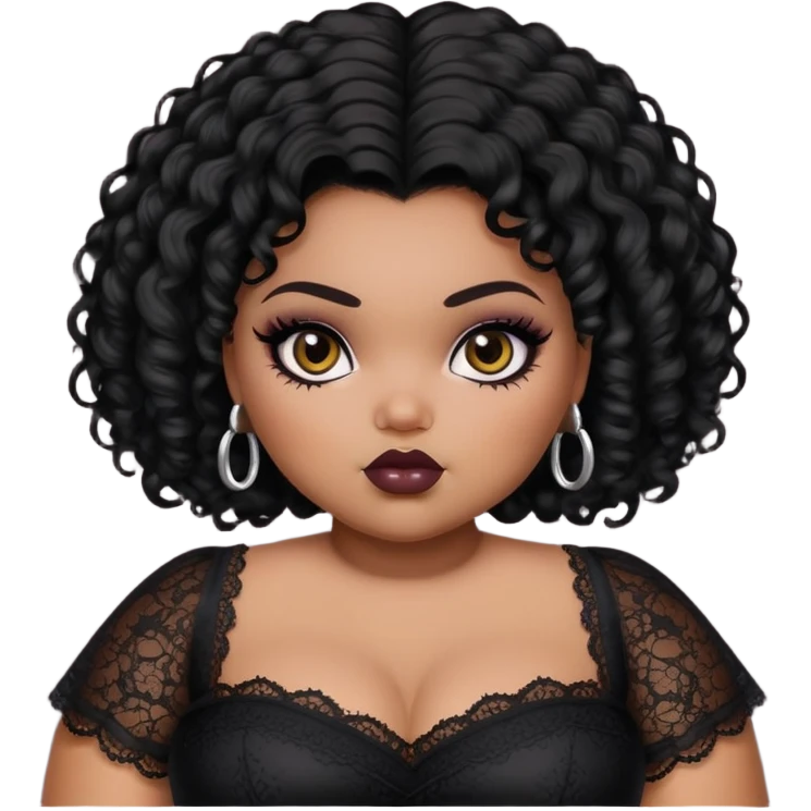 pretty bratz girl, fat pluz size body, black skin, black curly short black people hair, brown eyes, black eyeliner, black skin, gothic lace clothes emoji