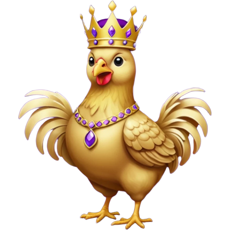 chicken King, standing, with crown, royal purple cloth, necklace, emoji