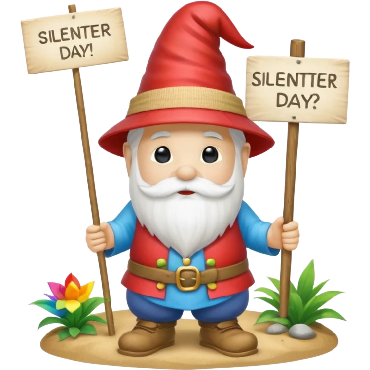 A zen rainbow garden gnome, holding a sign reading "Silent Letter Day, who's with me?” emoji