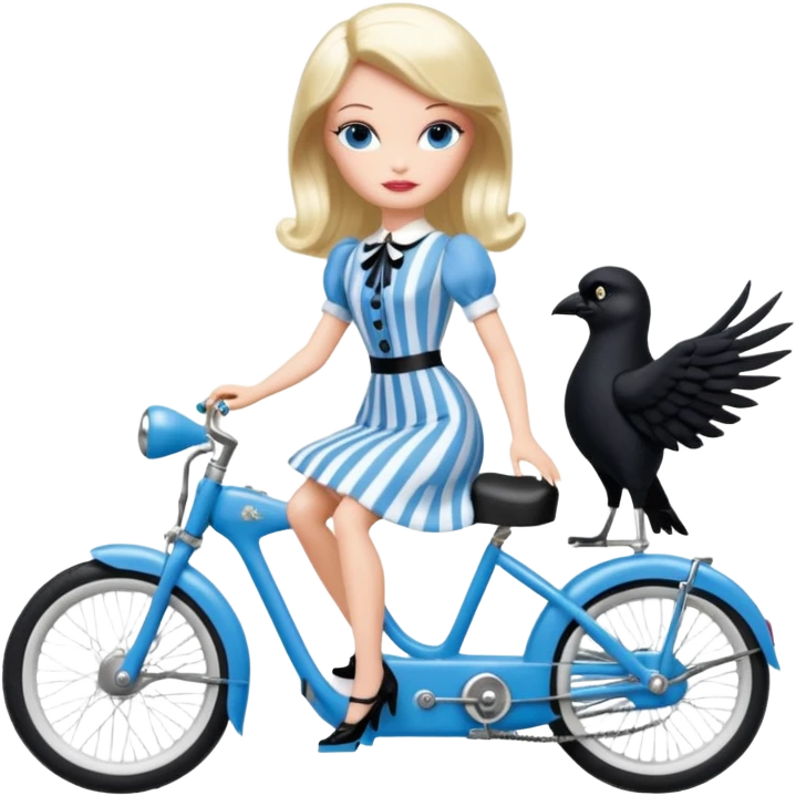 1920s coal hair hotrod Silkstone Marie Antoinette Barbie Wednesday Addams from academy in a blue and black vertically-striped classic dress. riding hot rod electric bikes with crows emoji