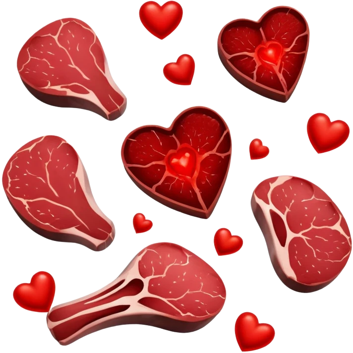 Ethereal red steaks, liver, and dark meat cuts floating alongside a glowing bone marrow. They transform into bright red blood cells that flow toward a heart at the center. The heart pulses with energy that radiates throughout a silhouette of a body, illustrating how heme iron creates vitality. emoji