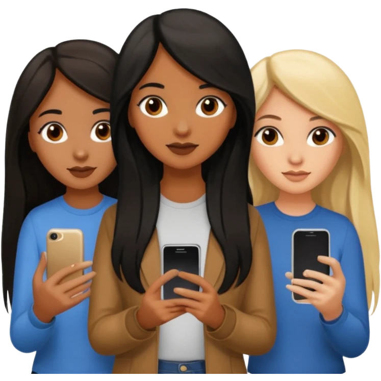3 brown girl friends with a phone on their hand, one with black long hair, one with brown hair long and the other one with black and blonde hair,  emoji