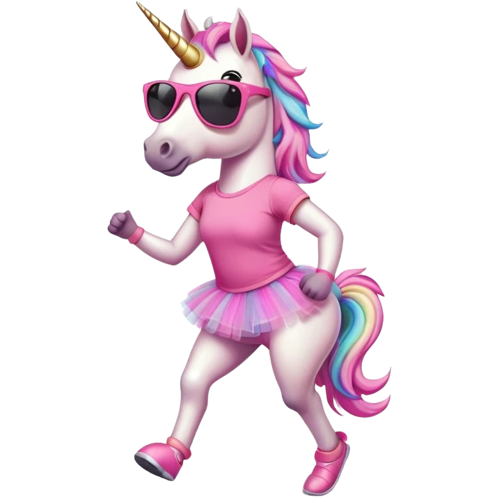 friendly anthropomorphised female unicorn with horse-like face, in tutu and pink t-shirt, wearing dark sunglasses, jogging upright in relaxed pose emoji