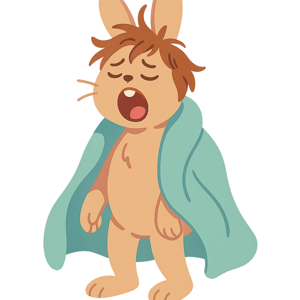 full-body pale brown bunny yawning with messy hair, blanket over shoulders, pastel-toon style emoji