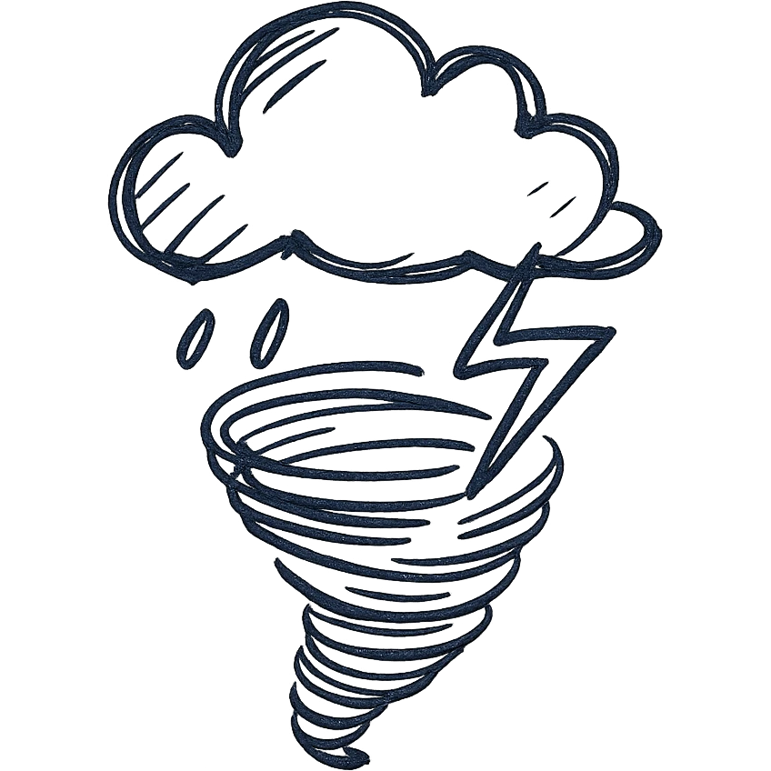 stormy weather with a tornado and lightning, hand drawn black outline icon, no fill, sketchy style emoji