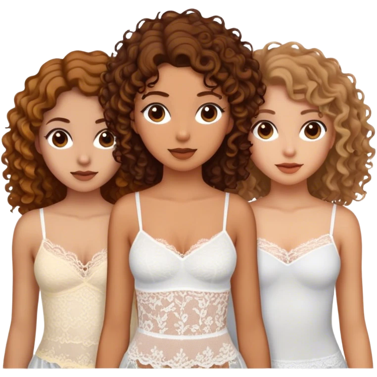 3 Girls, the one on the left side wears a lace top, the one in the middle has curly Brown hair, and the one on the right wears a white top and also has dark blond curly hair emoji