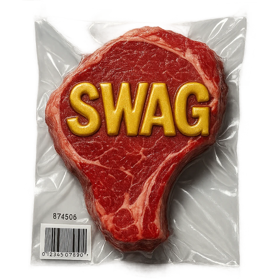 steak with gold lettering 'SWAG' on top, glossy and puffy vacuum-sealed style emoji