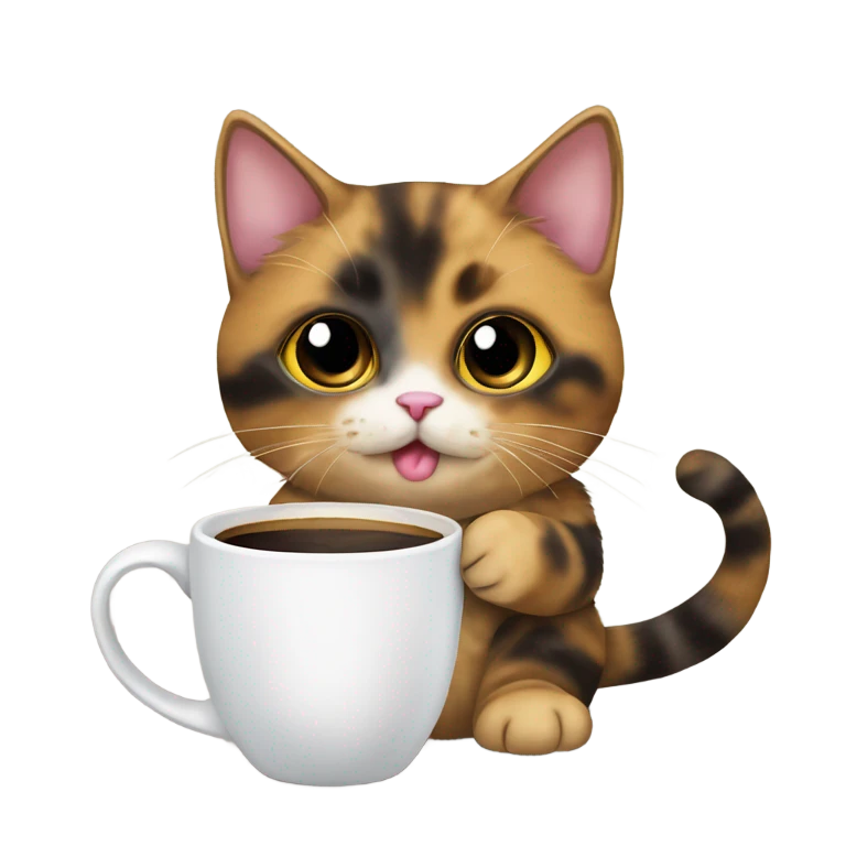 Tortie munchkin cat sitting with a coffee mug in hand emoji