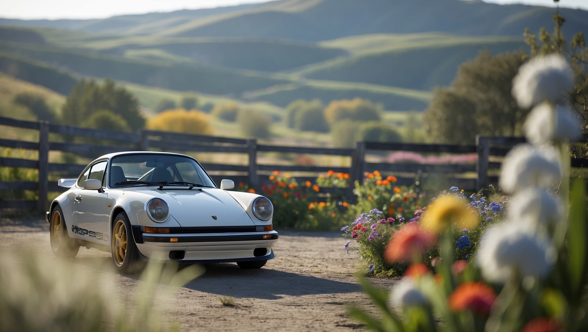 A portrait of a white person next to porsche 911 in the foreground, blurred plants in the foreground, a wooden fence and colorfull flowers in the midground, rolling hills in the background, cinematic depth of field, layered composition, natural lighting emoji