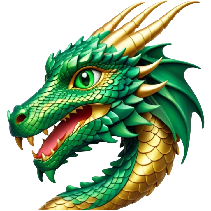 Cinematic Noble Dragon Portrait Emoji, Poised and majestic, with a sinuous, elongated body covered in intricately detailed, shimmering scales in hues of emerald and gold, and piercing, fiery eyes that reflect ancient wisdom; rendered with lifelike texture and natural highlights, high shine, intelligent and formidable, styled with an aura of mythic power, focused and attentive, soft glowing outline, capturing the essence of a legendary dragon that appears ready to soar out of the screen with timeless authority! emoji