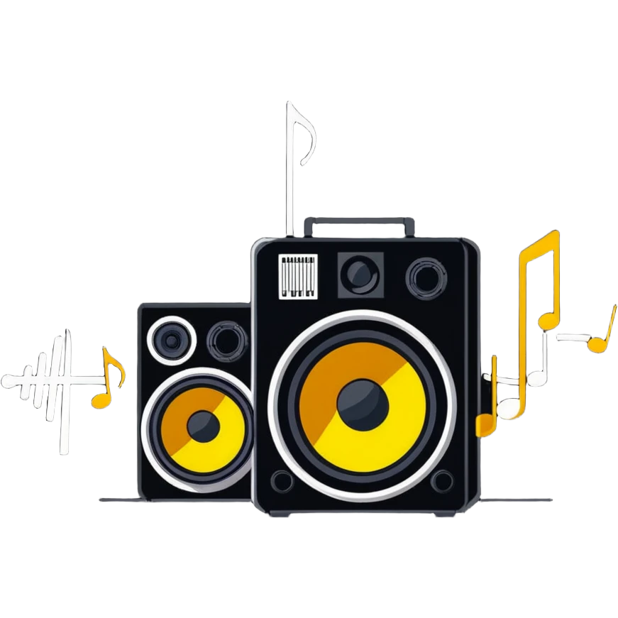 cartoon speaker with sound waves and musical notes emoji